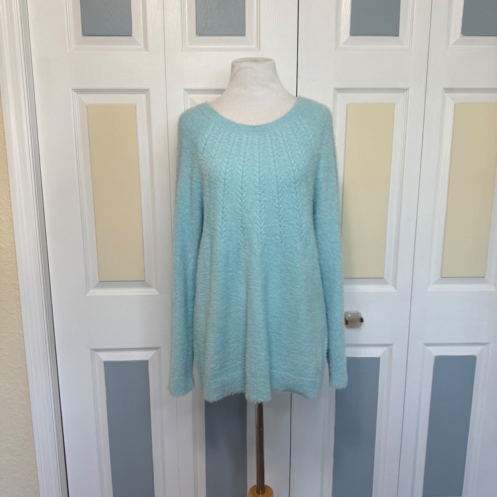 Chico's Sweater Size‎ 1 M Blue Fuzzy Pullover V Neck Long Sleeve Soft Knit Top